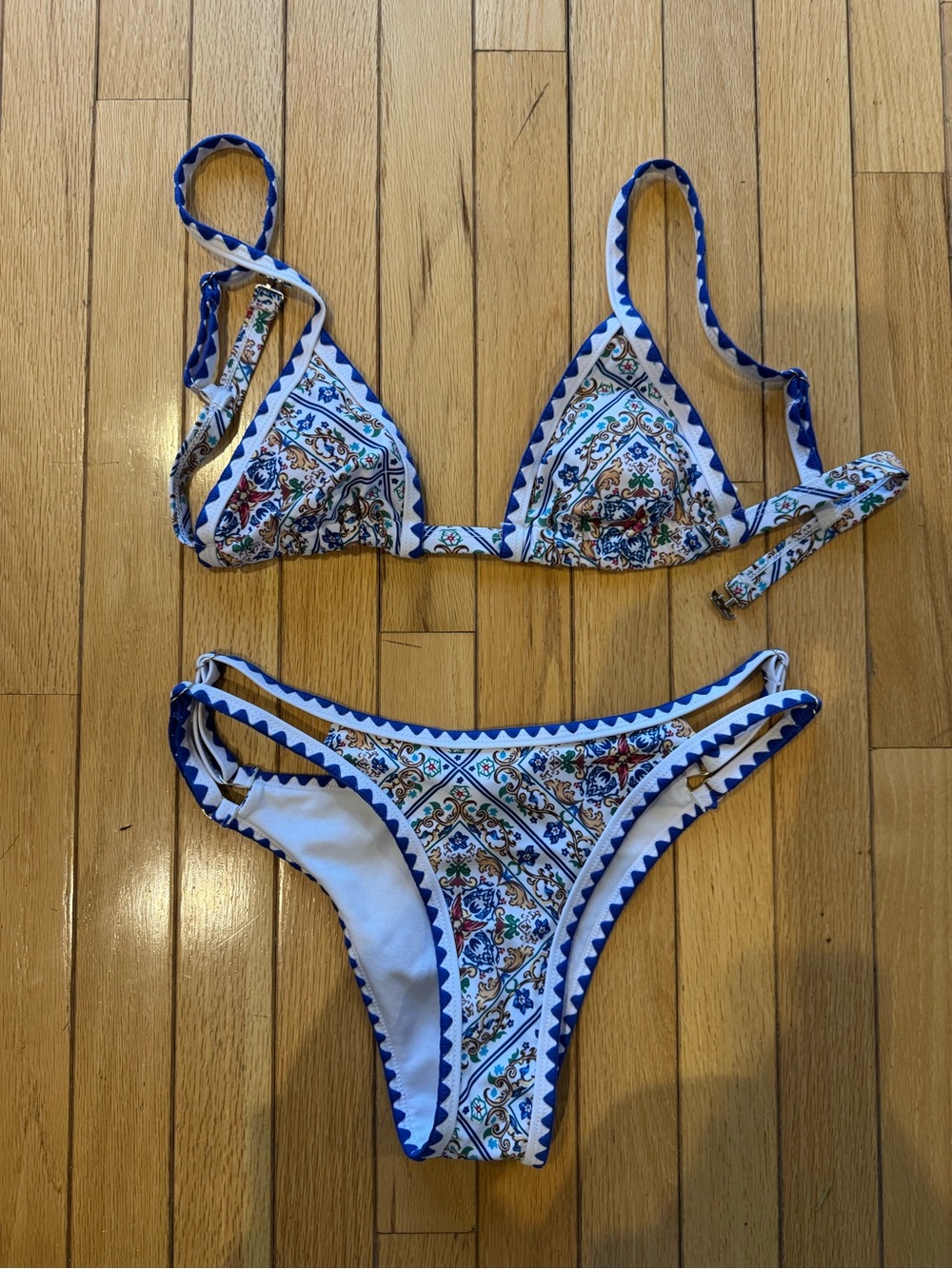 White and Blue Printed Triangle Bikini Set